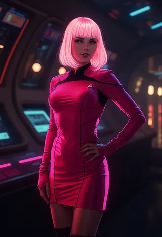 A woman with a bright pink bob wig wearing a tight pink Star Trek uniform, standing inside a dimly lit spaceship bridge with colorful glowing control panels.
