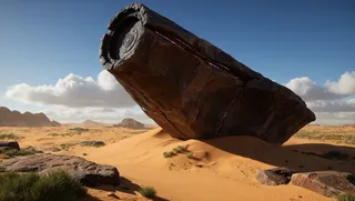 A 3D render showing a massive wind-weathered alien monolith rising from a sunlit desert plain with dunes and rocky outcrops under a clear sky at dawn.