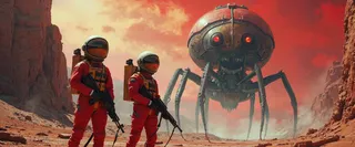 Two astronauts in glossy red suits and transparent helmets holding futuristic rifles stand in a vast crater with jagged red mountains, facing a towering insectoid creature with glowing red eyes under an alien sky.