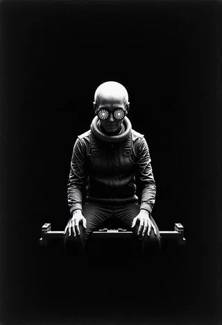 Monochrome photorealistic image of an alien sitting on a small space station against a black background, wearing an A-shaped helmet and glasses with intricate holographic patterns.