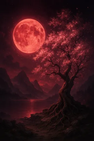 A mystical landscape illuminated by a large red moonlight with a twisted majestic tree blossoming and sparkling in the foreground, rocky terrain, distant towering mountains, and a serene lake reflecting the moon.