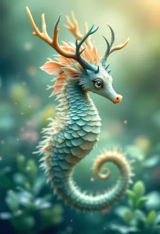 A fantasy sea-stag chimera featuring a seahorse-like body covered in shimmering aquatic scales and elegant stag antlers, floating in an underwater environment.