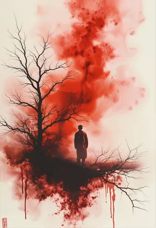 A dark silhouette of a person standing on a patch of ground surrounded by leafless trees, with swirling red smoke and abstract patterns in the background.