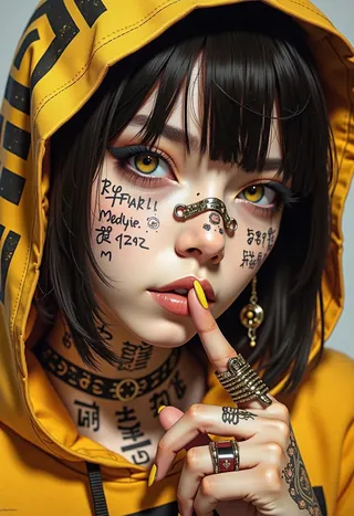 Close-up portrait of a girl with striking yellow eyes and black bob-cut hair wearing a yellow hoodie with black patterns, adorned with tattoos and jewelry, holding her finger near her nose.