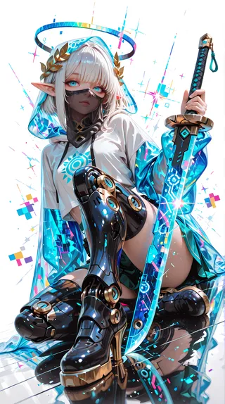 Cybernetic elf girl with white hair and blue glowing eyes wearing an oversized hoodie and translucent cloak, holding a glowing futuristic sword, sitting with a prosthetic black and gold leg, surrounded by pixelated matrix halo and colorful geometric light effects.