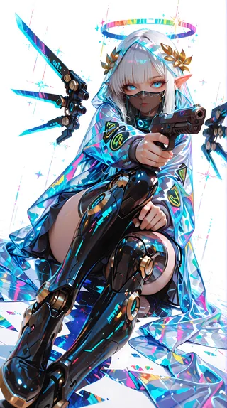 Cybernetic elf girl with white hair, laurel crown, and glowing blue eyes, wearing an oversized holographic hoodie and holding a handgun. She has a prosthetic cyber leg and floating weapons around her.