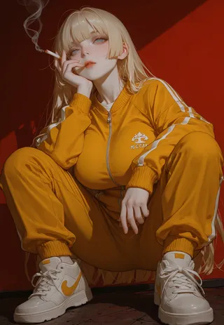 Blonde girl with blue eyes and pale skin wears a yellow tracksuit and white sneakers, squatting while smoking a cigarette against a red background with dramatic lighting.