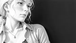 Black and white detailed portrait of a mature woman with ashen-gray hair, pale blue eyes, loose shirt, and lace bra against a black background.