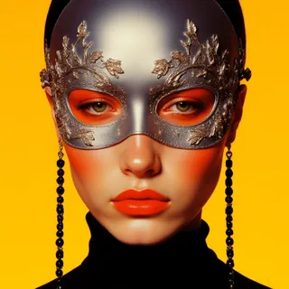 Portrait of a gothic woman wearing a detailed silver floral mask and burnt orange makeup against a bright yellow background
