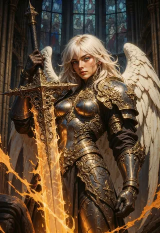 Powerful female angelic warrior with platinum blonde hair in ornate gold and black armor holding a large fiery glowing sword, standing before a gothic cathedral with stained glass windows and large white feathered wings.