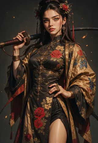 결연한 표정으로 어깨에 카타나 칼을 얹은, 풍부하게 자수된 검은 청삼을 입은 젊고 밝은 피부의 여성의 사진 같은 디지털 아트.