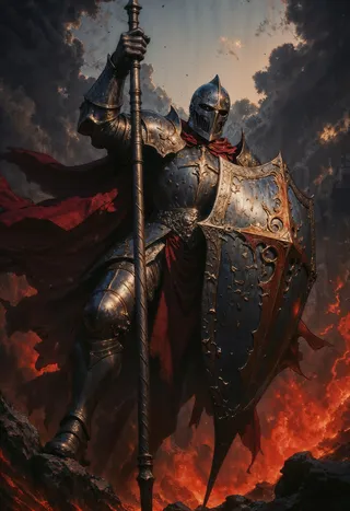 A detailed digital painting of a knight in shining silver armor with a red cape, holding a long spear and an ornate shield, standing amid fiery and stormy surroundings.