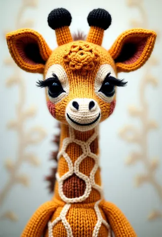Close-up of a knitted baby giraffe featuring detailed fabric patterns, intricate designs, and textured yarn with large expressive eyes and long eyelashes.