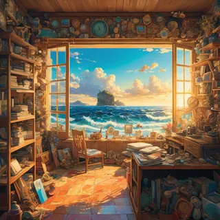 A cozy chamber filled with nostalgic objects, lit by golden hour light, opening to a vibrant stormy seascape with waves and an island in the distance in anime style.