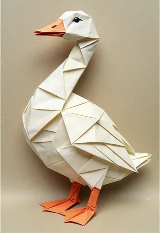 Origami goose crafted using traditional Japanese paper folding techniques, featuring white and orange folded paper to depict the bird's body and feet.