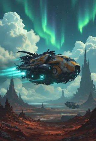 A colossal, heavily modified sci-fi spaceship with cyan engine trails flying over a rugged alien landscape of crimson dunes and black spires, under a night sky illuminated by green aurora and dramatic clouds.