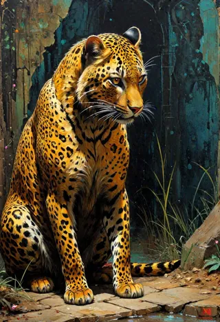 Hyperdetailed painting of a black leopard with intricate patterns, sitting in a dark jungle setting with textured brush strokes and golden warm lighting.