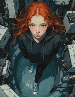 Top down view of a highly detailed anime-style young woman with flowing red hair and green eyes wearing a dark hoodie, black leggings, and blue sneakers standing in a futuristic cryogenic pod surrounded by machinery.