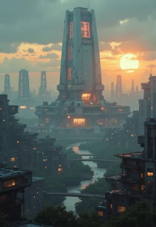 A dystopian futuristic Japanese cityscape at dusk featuring a massive, weathered skyscraper with orange-lit windows, a winding river valley below, and an oversized dull sun setting behind dense high-rises.