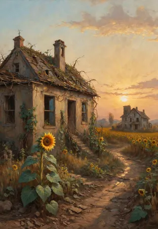 An oil painting of a forsaken village with dilapidated houses covered in overgrown vines, a single vibrant sunflower stands in the foreground bathed in warm golden light during sunset.