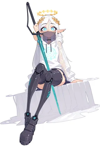 A cybernetic elf girl with white hair, laurel crown, and blue glowing eyes sits holding a glowing turquoise sword, wearing a white hoodie and thigh-high prosthetic boots.