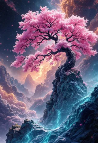 A vibrant cherry blossom tree with pink foliage stands atop a rocky mountain with neon blue lightning accents, under an ethereal sky filled with clouds and glowing cosmic light.