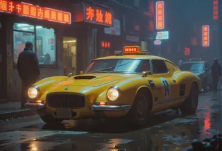 Yellow retro futuristic robotic cab with a classic Mercedes-inspired design parked on a rainy post-apocalyptic street illuminated by neon signs and reflections.