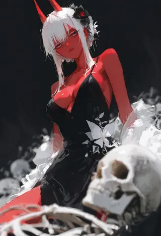 Red-skinned Aka-Oni girl with white hair and straight red horns wearing a black dress adorned with white flowers, posed above a skeleton in a dark background with tenebrism lighting.
