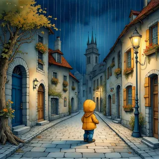 A whimsical drawing of a little boy wearing a yellow hooded jacket standing under a street lamp on a cobblestone street at night during rain, surrounded by old town buildings.