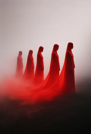 A lineup of six elongated figures draped in flowing crimson gowns, standing in a minimalist setting with a hazy, light background and dark foreground.