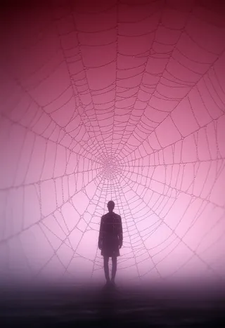 A solitary crimson silhouette stands facing a vast, detailed spiderweb illuminated in shades of deep red and pink, with a dewdrop reflecting the scene.