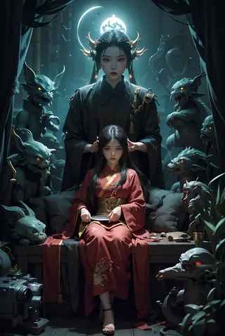 Dark gothic fantasy scene featuring Chinese extraterrestrial gods and bodhisattvas in ancient robes surrounded by mythical creatures with glowing eyes.