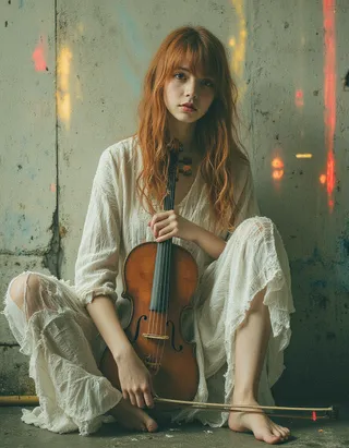 A young woman with long red hair in a white, worn dress sits barefoot holding a violin and bow against a textured wall with muted yellow, red, and cyan tones.