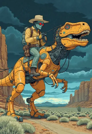 A robot cowboy with red goggles and a tan hat rides an ancient yellow robotic dinosaur through a rocky desert landscape at night under a cloudy sky.