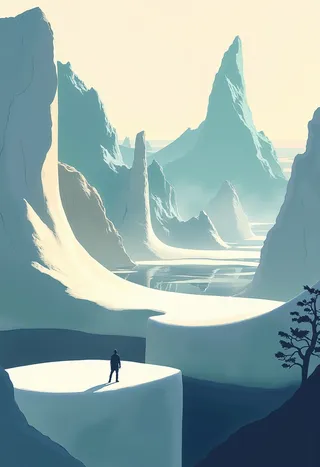 Minimalist arctic landscape featuring towering sculptural icebergs in muted pastel tones with a lone figure standing on a flat ice block under a pale glowing sky.
