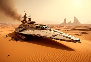 Star Wars imperial cruiser crashed and broken on a desert planet with dunes, sandstorm, and a post-apocalyptic atmosphere.
