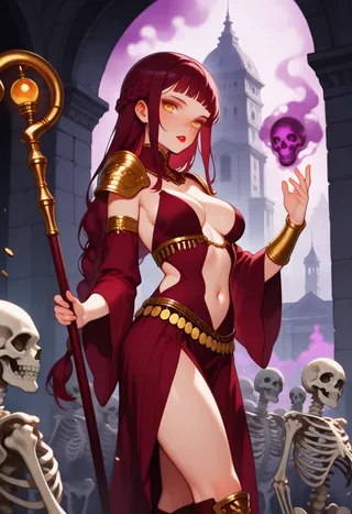 A sorceress with yellow eyes and maroon braided hair wearing a revealing maroon dress with gold accents stands holding a golden staff. She conjures a purple magical skull amidst a backdrop of Greco-Roman architecture and an army of skeletons.