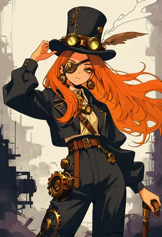 Steampunk style girl with long orange hair wearing a black top hat with goggles, gear earrings, and an eye implant, holding a cane, in front of a detailed industrial background.