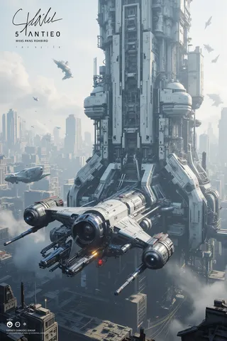 Futuristic science fiction cityscape with a detailed aircraft flying near a large, intricate skyscraper and other buildings under a cloudy sky.