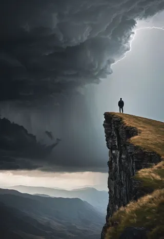 A solitary figure stands on the edge of a cliff overlooking mountains under a stormy sky illuminated by lightning.