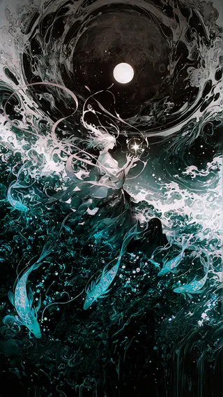 A celestial guardian in flowing translucent robes releases a glowing koi fish under a luminous full moon, amidst a cosmic waterfall and sea of clouds with ethereal light.