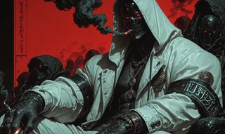 A digital artwork of a muscular hooded figure wearing a white jacket, black mask with glowing red eyes, smoking a cigar against a red background with other similar masked figures behind.