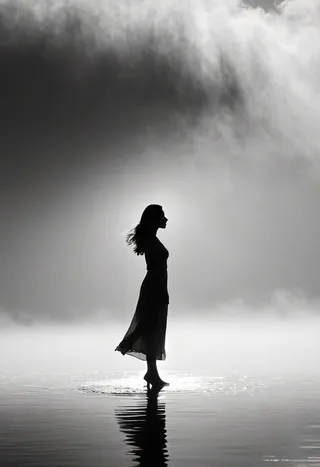 Silueta en blanco y negro de una mujer de pie en agua poco profunda con reflejo y un cielo nublado formando una corona sobre su cabeza.