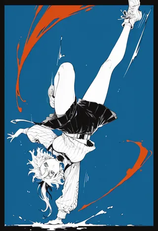 Monochrome illustration of a girl performing a dynamic one-hand side flip on a blue background with orange ink splashes and motion lines.