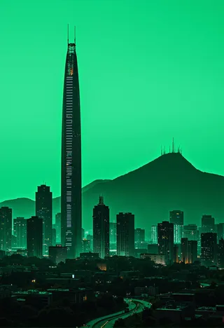 Photorealistic cityscape featuring a tall skyscraper illuminated at night with surrounding buildings and a mountain silhouette on a vibrant green background, rendered with cinematic lighting and metallic details.