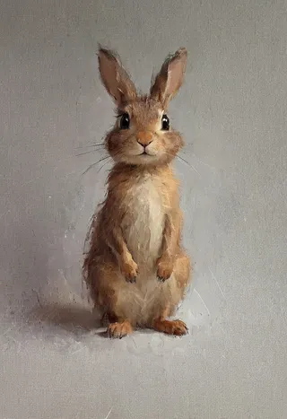 Digital painting of a cute rabbit with detailed realistic fur texture on a soft gray background