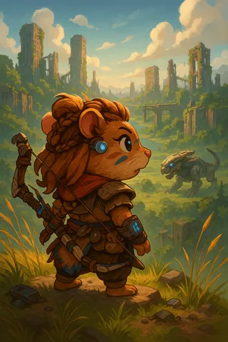 Cartoon illustration of an anthropomorphic hamster warrior with tribal and high-tech gear standing on a grassy cliff overlooking ruined skyscrapers and a mechanical beast in a post-apocalyptic landscape.