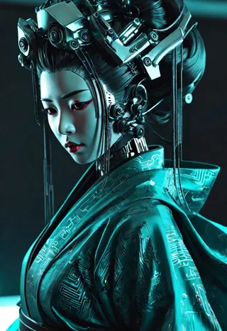 Close-up of a cyberpunk Geisha with reflective blackened alloy robotic components, wearing a flowing teal and black kimono with intricate futuristic patterns under soft, cool studio lighting.