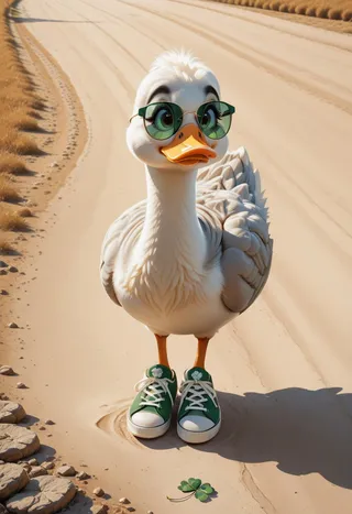 A detailed fashion duck wearing emerald green sunglasses and shamrock-themed green sneakers standing on a sandy path with a clover leaf nearby, rendered in high resolution with cinematic color grading.