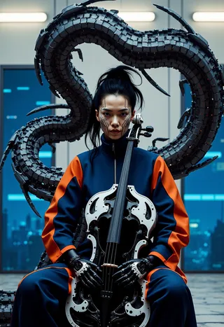 A futuristic cybernetic woman wearing a blue and orange suit sits holding a robotic cello, with a large mechanical tentacle curving behind her in a modern industrial setting.